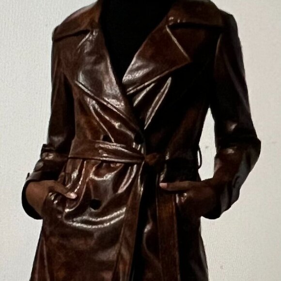 Joseph Ribkoff Brown Faux Leather Belted Double-Breasted Coat Size M - Picture 2 of 11